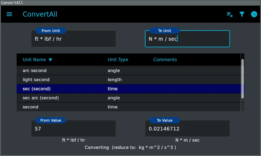 Kg to lbs ConvertAll window in dark theme showing matching unit lists.